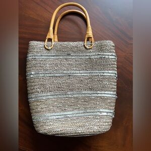 Elegant Woven Tote Bag -taupe with Silver Sequins